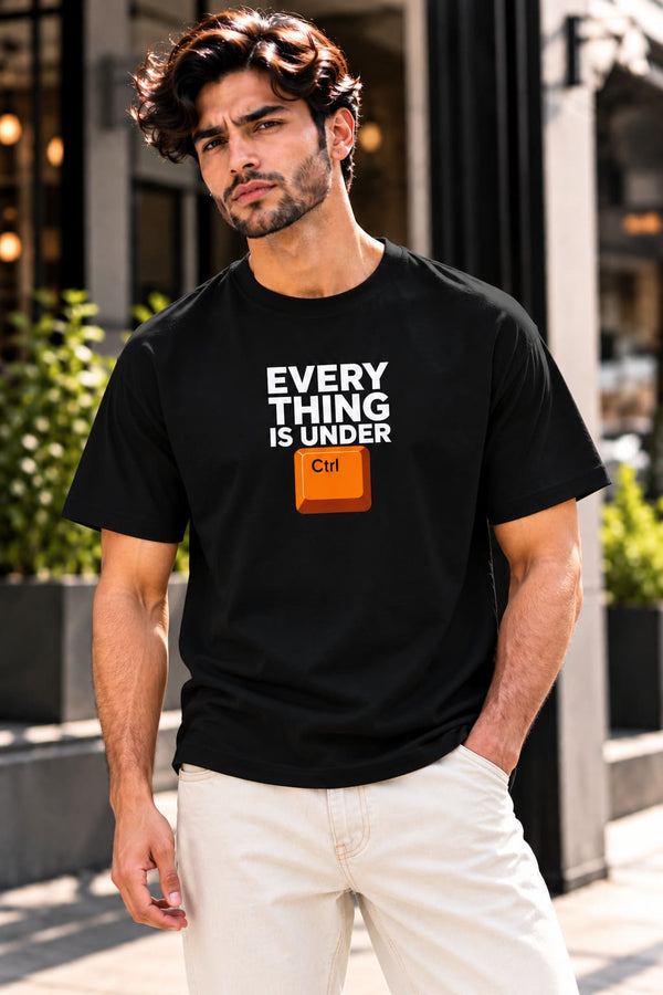 Men's Black Regular Fit Everything Is Under Ctrl Printed T-Shirt