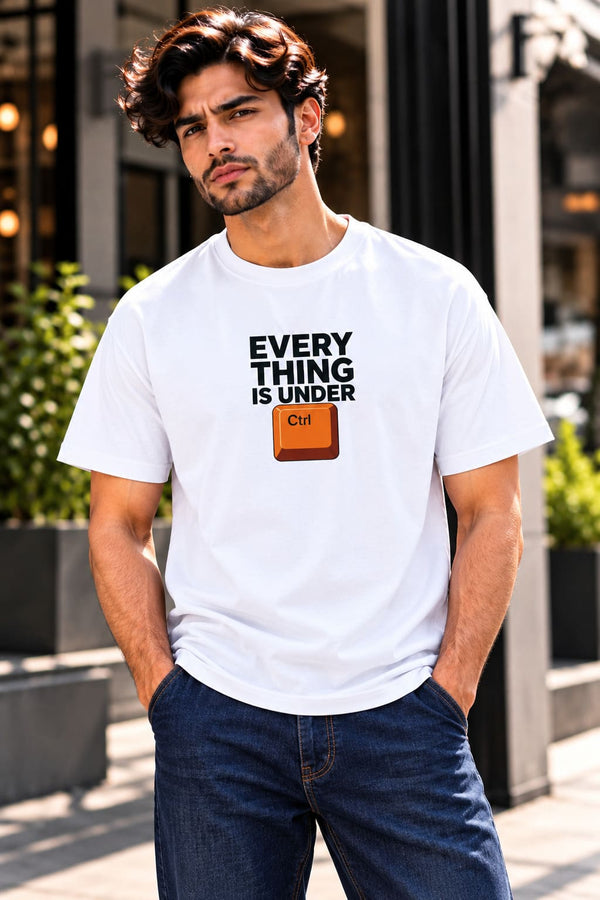 Men's White Regular Fit Everything Is Under Ctrl Printed T-Shirt