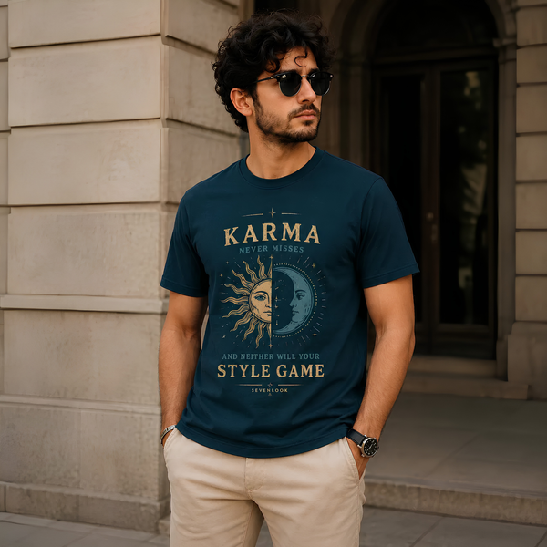 Karma Never Misses Petrol Blue Regular Fit T-Shirt