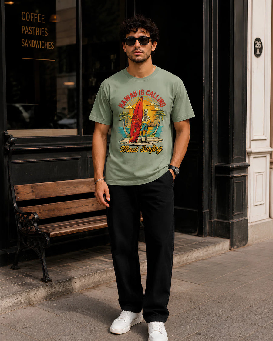 Hawaii Is Calling Dusty Green Regular Fit T-Shirt