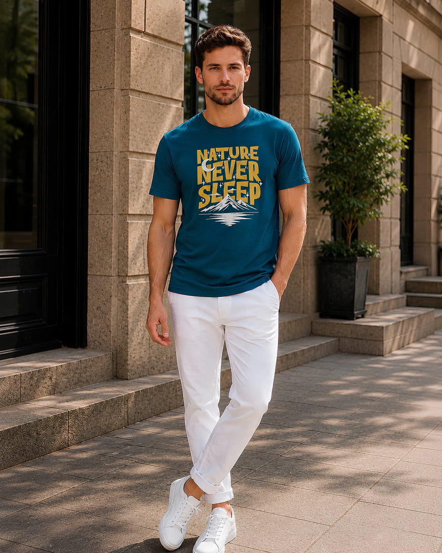 Nature Never Sleeps Petrol Blue Regular Fit T-Shirt