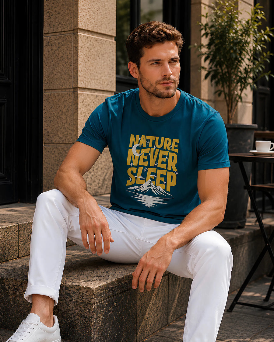 Nature Never Sleeps Petrol Blue Regular Fit T-Shirt