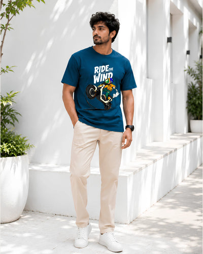 Ride The Wind Petrol Blue Regular Fit T-Shirt