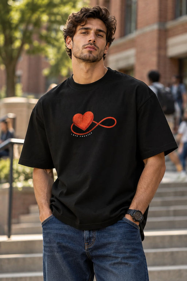 Men's Black Oversized Love Forever Graphic T-Shirt