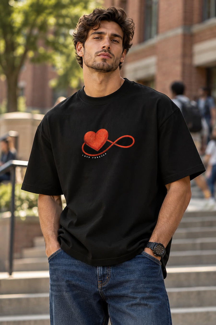 Men's Black Oversized Love Forever Graphic T-Shirt