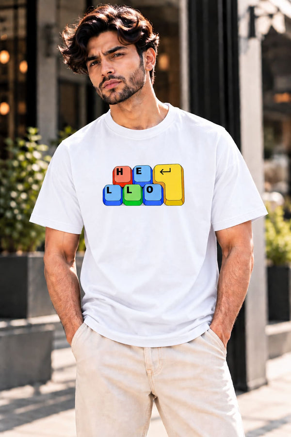 Men's White Regular Fit Hello Keyboard Printed T-Shirt