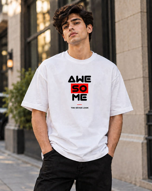 Men's White Oversized Awesome Graphic T-Shirt