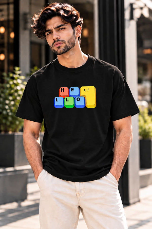 Men's Black Regular Fit Hello Graphic Printed T-Shirt