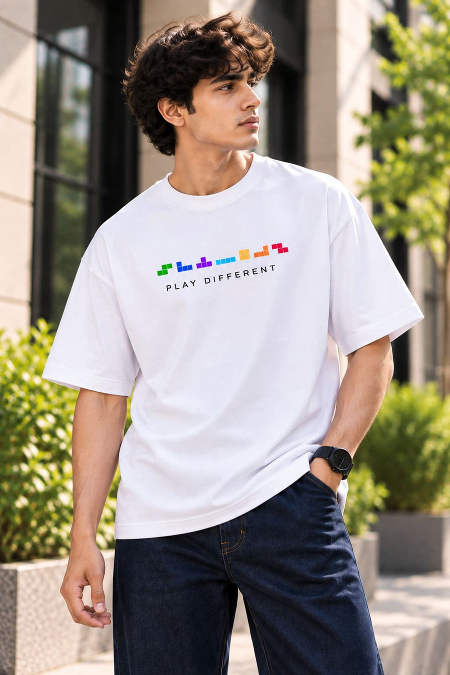Men's White Oversized Play Different T-Shirt