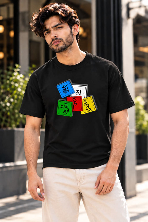 Men's Black Regular Fit Buddhist Chant Printed T-Shirt