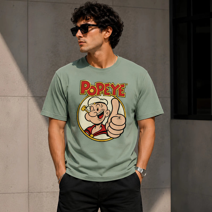 Popeye Classic Cartoon Sage Green Regular Fit T-Shirt