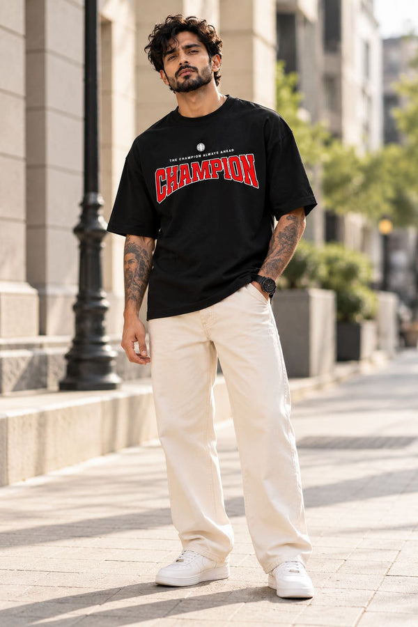 Men's Black Oversized Champion Graphic T-Shirt