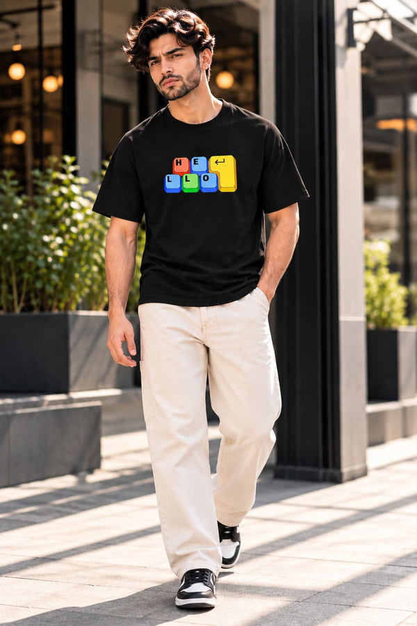 Men's Black Regular Fit Hello Graphic Printed T-Shirt