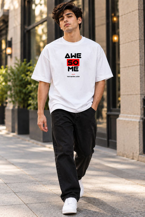 Men's White Oversized Awesome Graphic T-Shirt