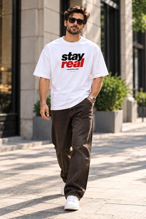 Men's White Oversized Stay Real T-Shirt