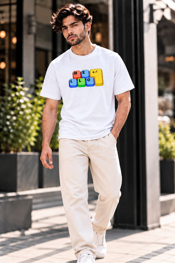 Men's White Regular Fit Hello Keyboard Printed T-Shirt