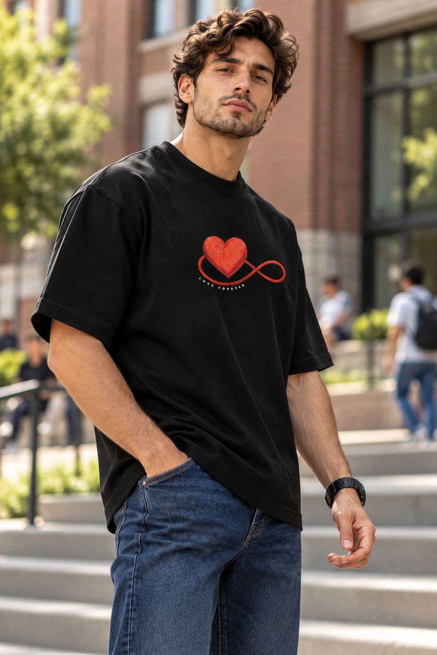Men's Black Oversized Love Forever Graphic T-Shirt