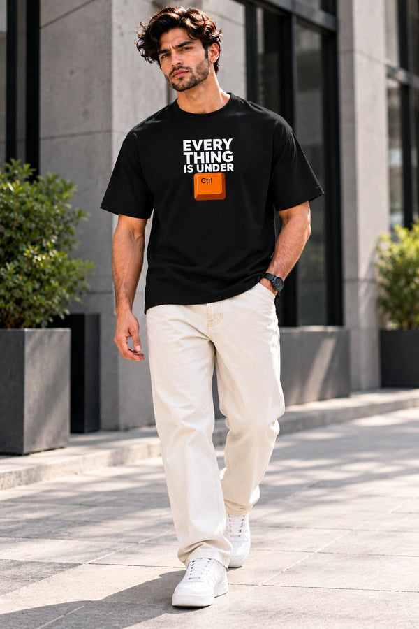 Men's Black Regular Fit Everything Is Under Ctrl Printed T-Shirt