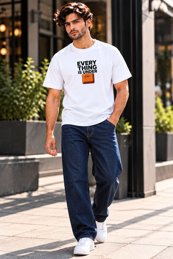 Men's White Regular Fit Everything Is Under Ctrl Printed T-Shirt