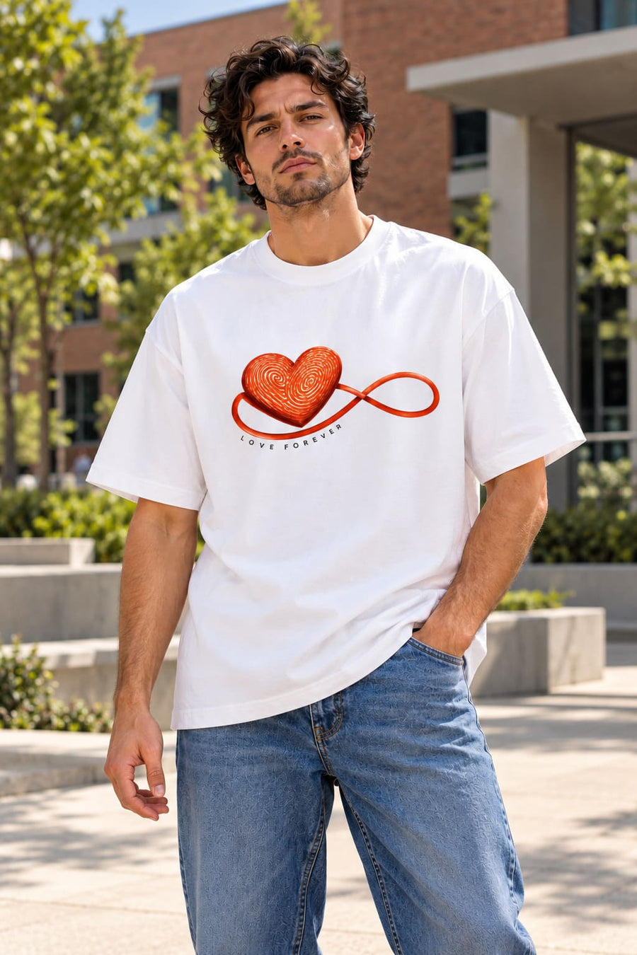 Men's White Oversized Love Forever Graphic T-Shirt