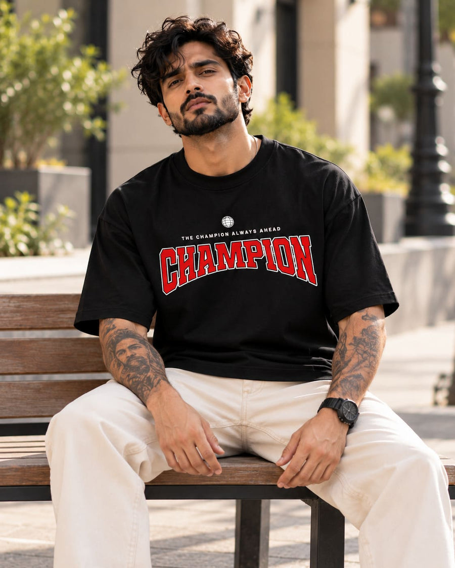 Men's Black Oversized Champion Graphic T-Shirt