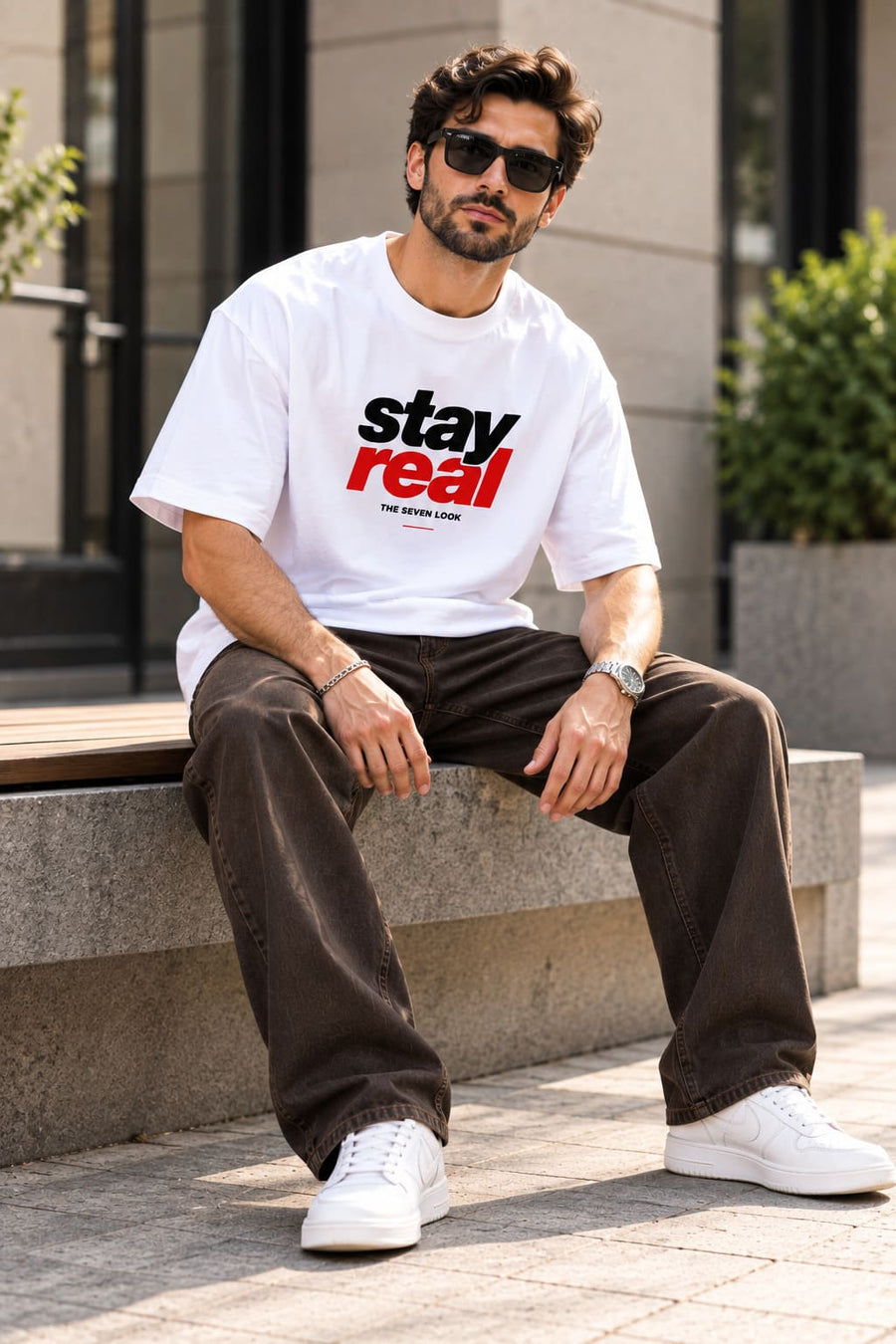 Men's White Oversized Stay Real T-Shirt