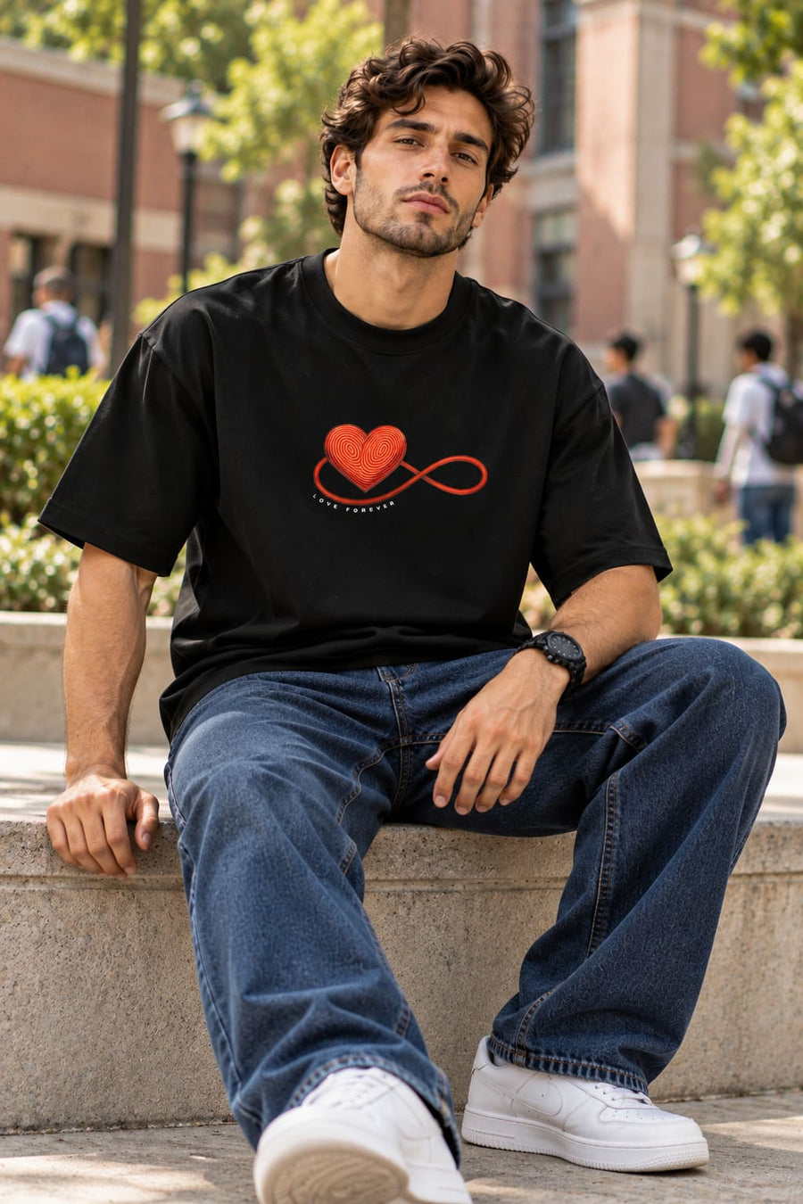 Men's Black Oversized Love Forever Graphic T-Shirt