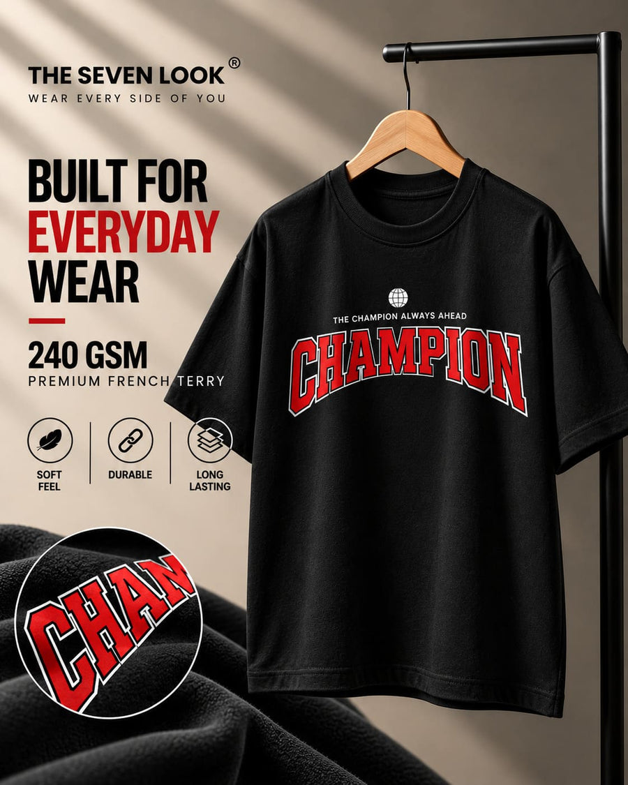Men's Black Oversized Champion Graphic T-Shirt