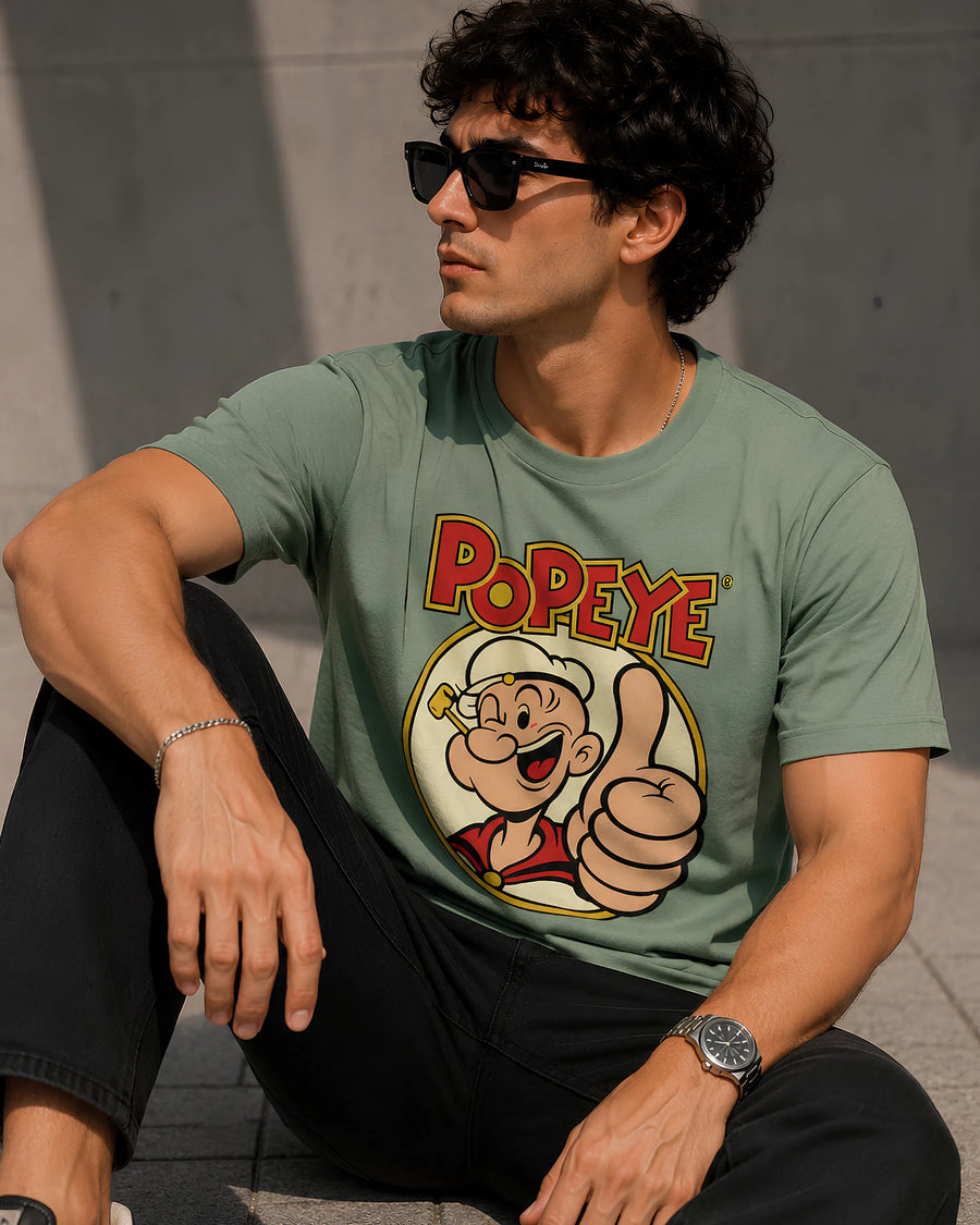 Popeye Classic Cartoon Sage Green Regular Fit T-Shirt