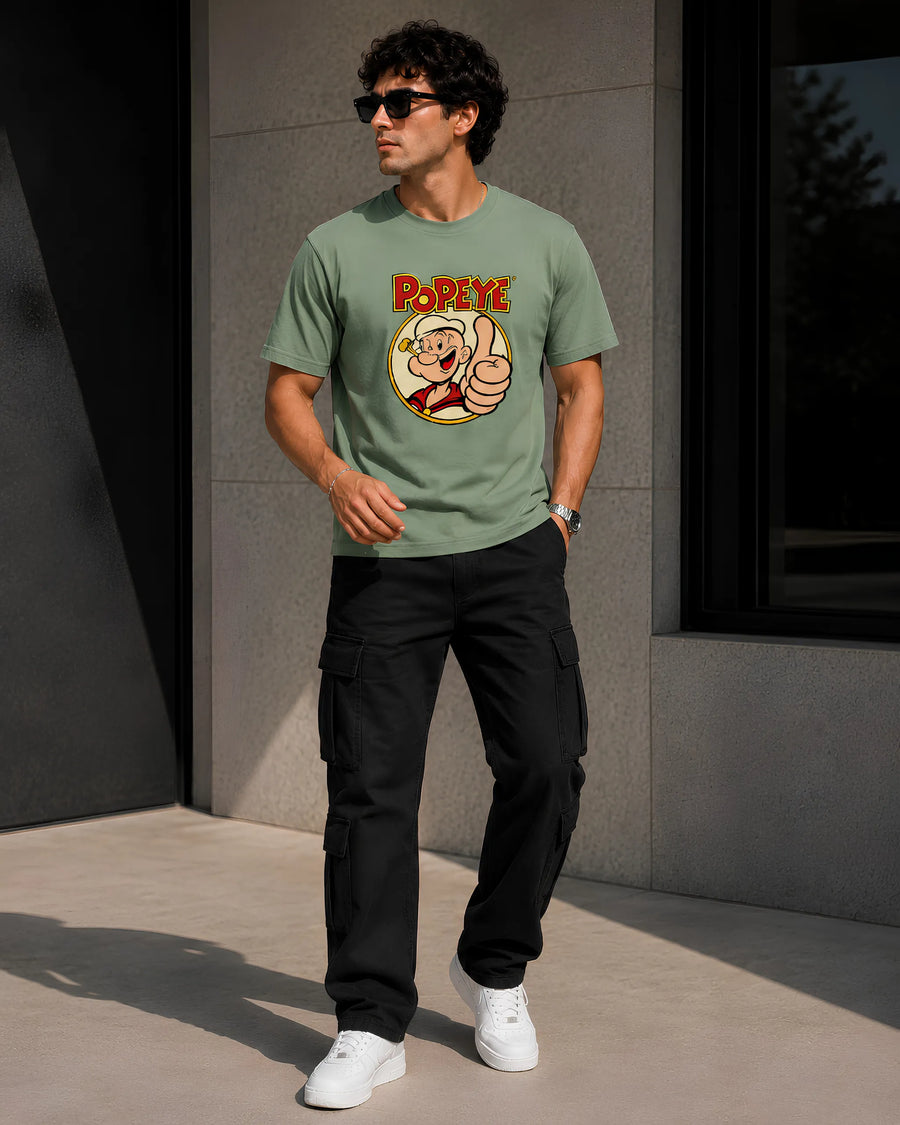 Popeye Classic Cartoon Sage Green Regular Fit T-Shirt