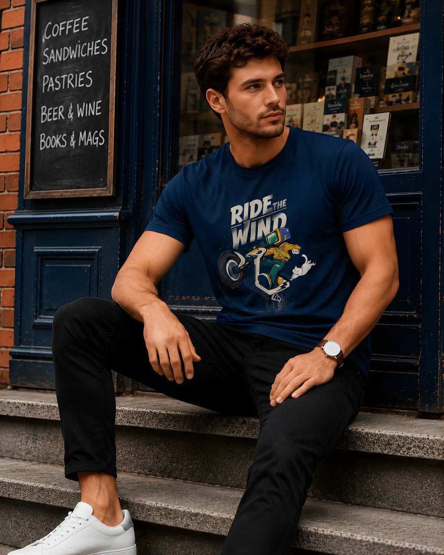 Ride The Wind Petrol Blue Regular Fit T-Shirt
