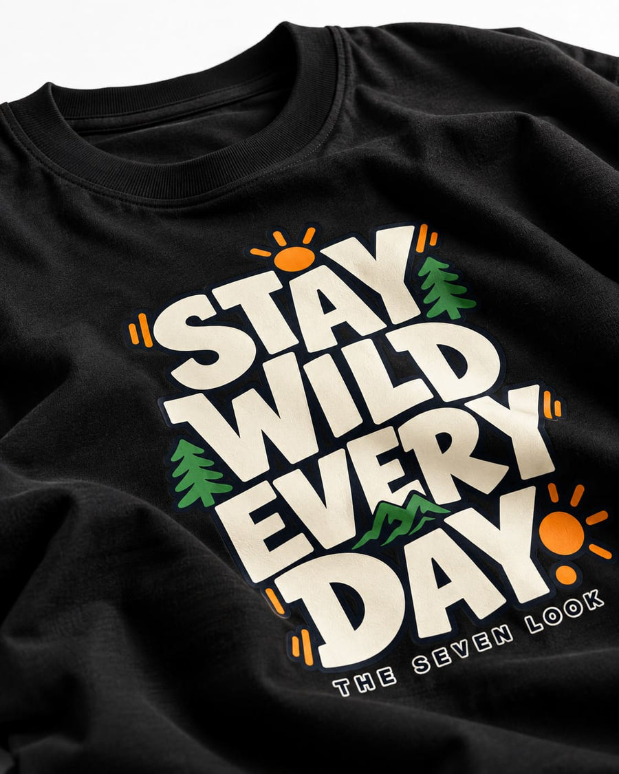 Men's Black Oversized Stay Wild Every Day Graphic T-Shirt