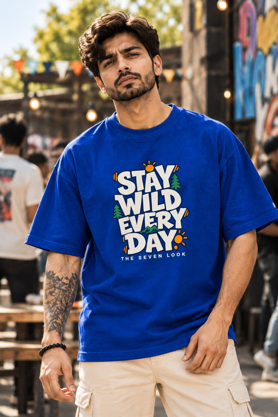 Men's Blue Oversized Stay Wild Every Day Graphic T-Shirt