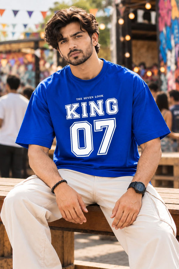 Men's Blue Oversized King 07 Graphic T-Shirt