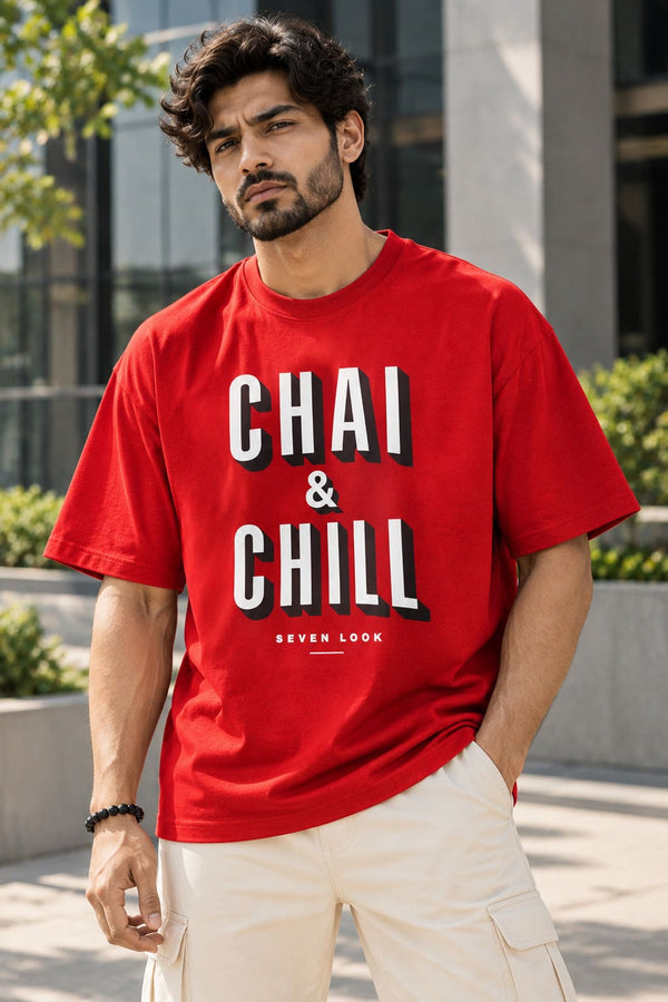 Men's Red Oversized Chai & Chill T-Shirt