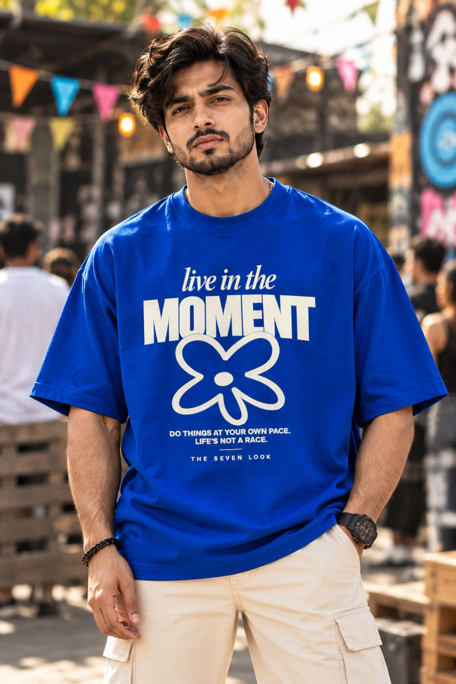 Men's Blue Oversized Live in the Moment Graphic T-Shirt