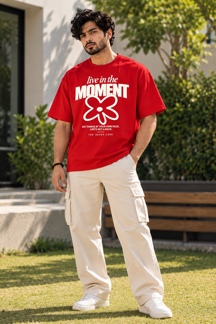 Men's Red Oversized Live in the Moment Graphic T-Shirt