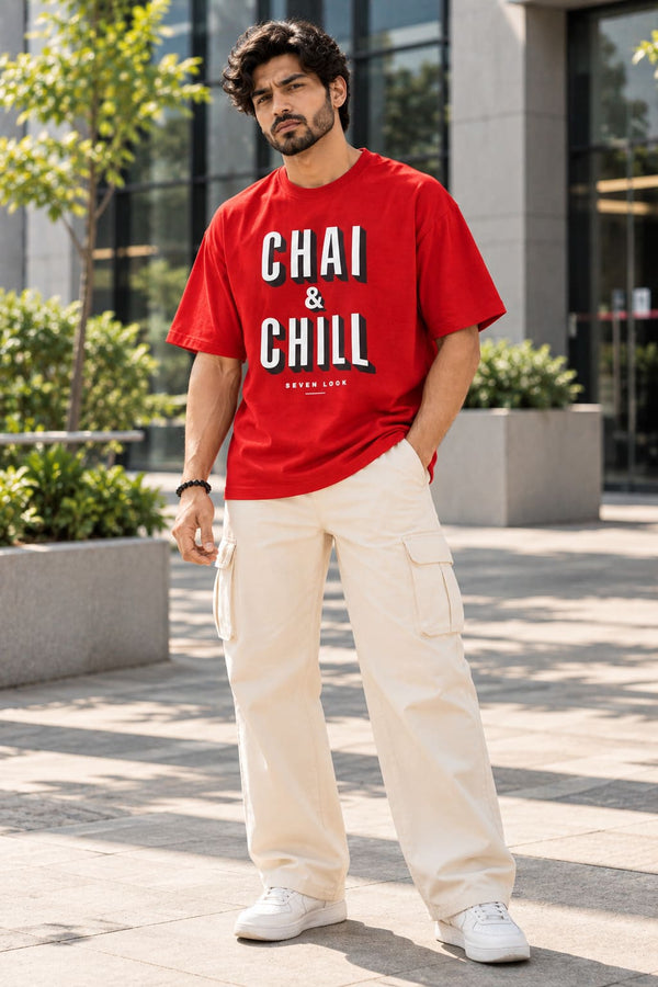 Men's Red Oversized Chai & Chill T-Shirt