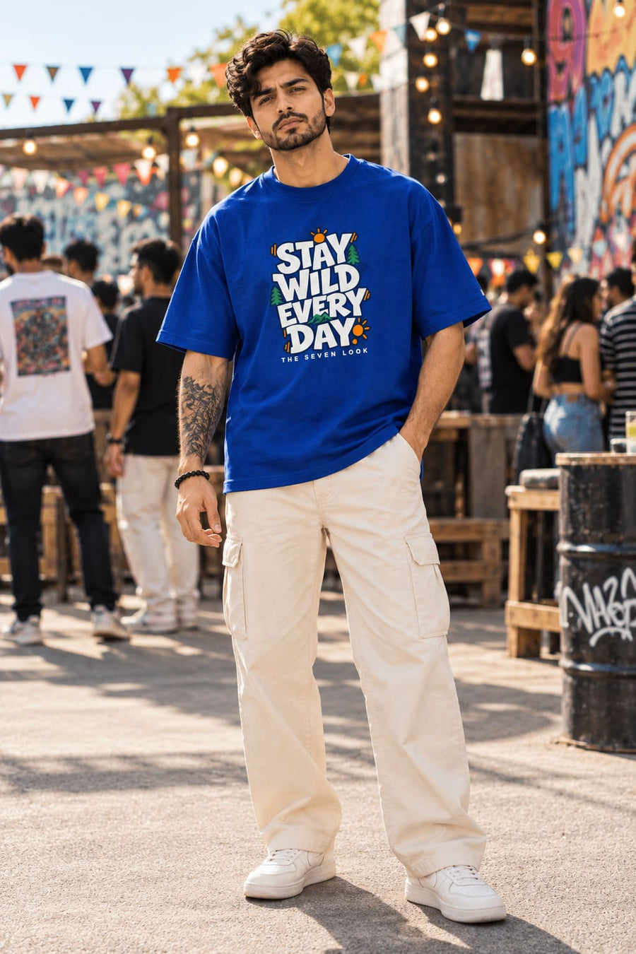 Men's Blue Oversized Stay Wild Every Day Graphic T-Shirt