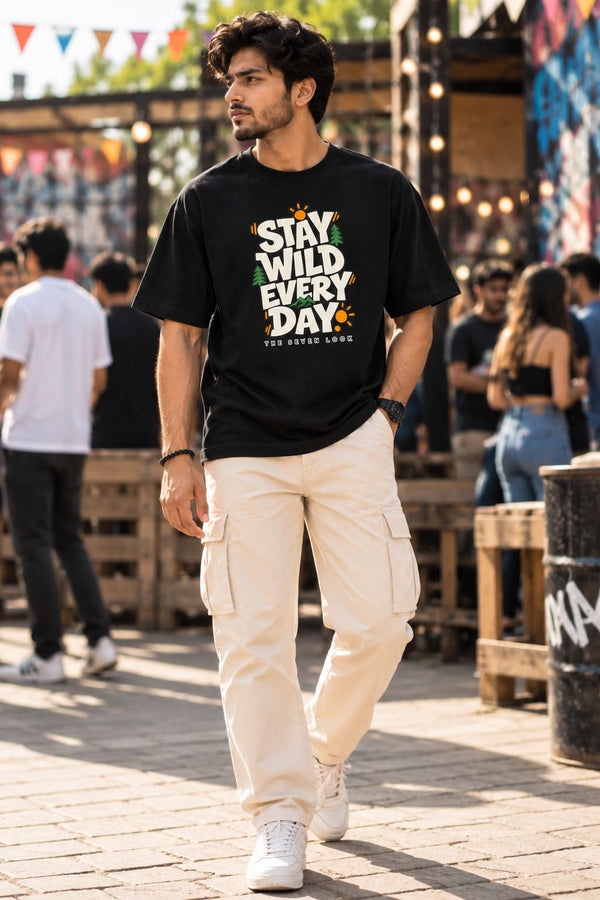 Men's Black Oversized Stay Wild Every Day Graphic T-Shirt