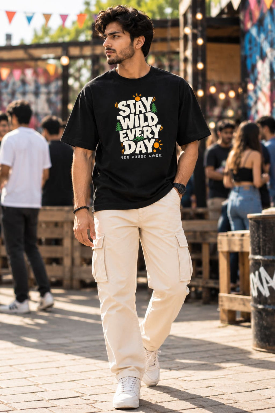 Men's Black Oversized Stay Wild Every Day Graphic T-Shirt
