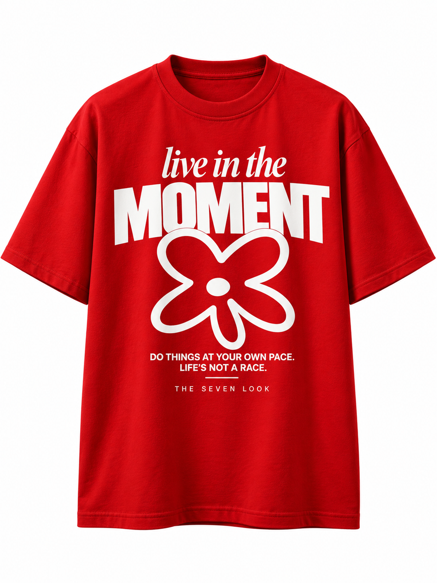 Men's Red Oversized Live in the Moment Graphic T-Shirt