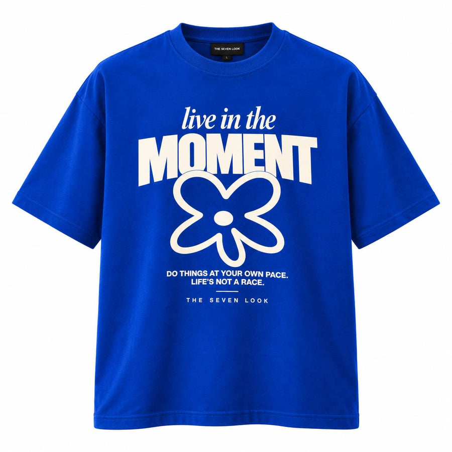 Men's Blue Oversized Live in the Moment Graphic T-Shirt