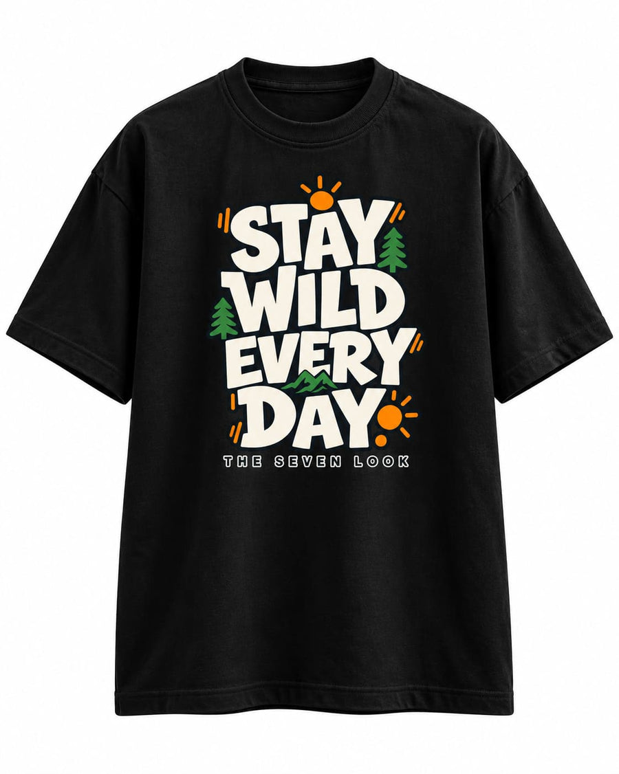 Men's Black Oversized Stay Wild Every Day Graphic T-Shirt