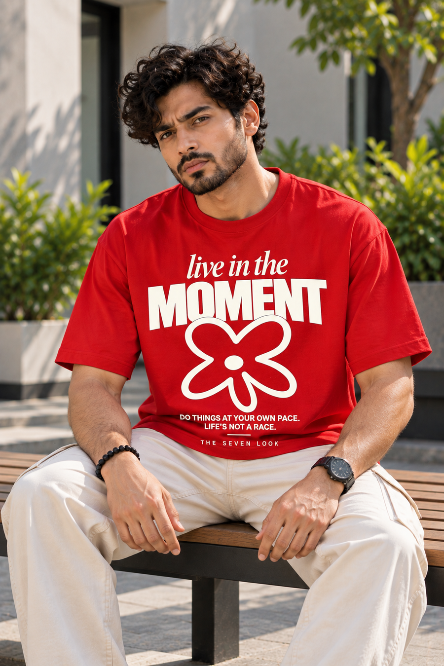 Men's Red Oversized Live in the Moment Graphic T-Shirt