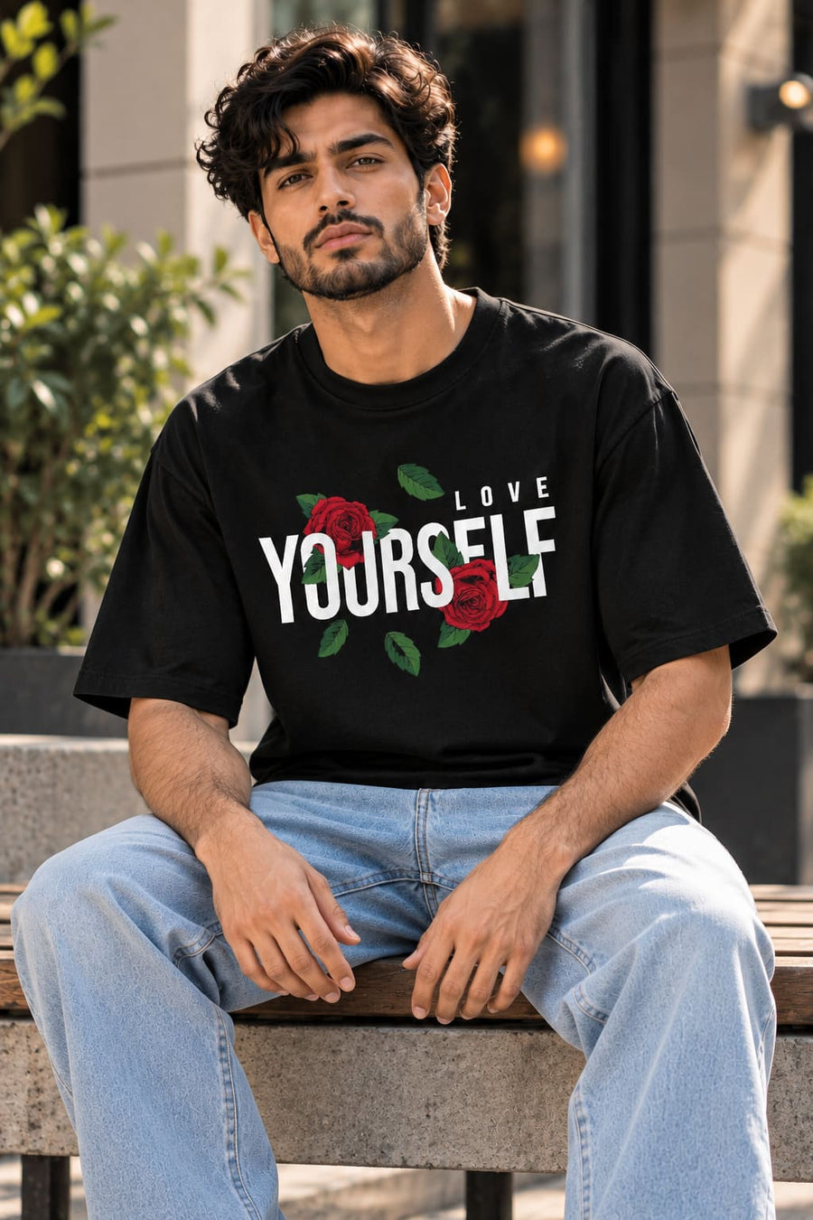 Men's Black Oversized Love Yourself Graphic T-Shirt