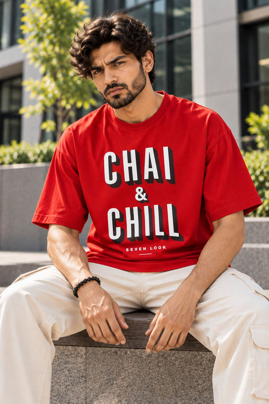 Men's Red Oversized Chai & Chill T-Shirt