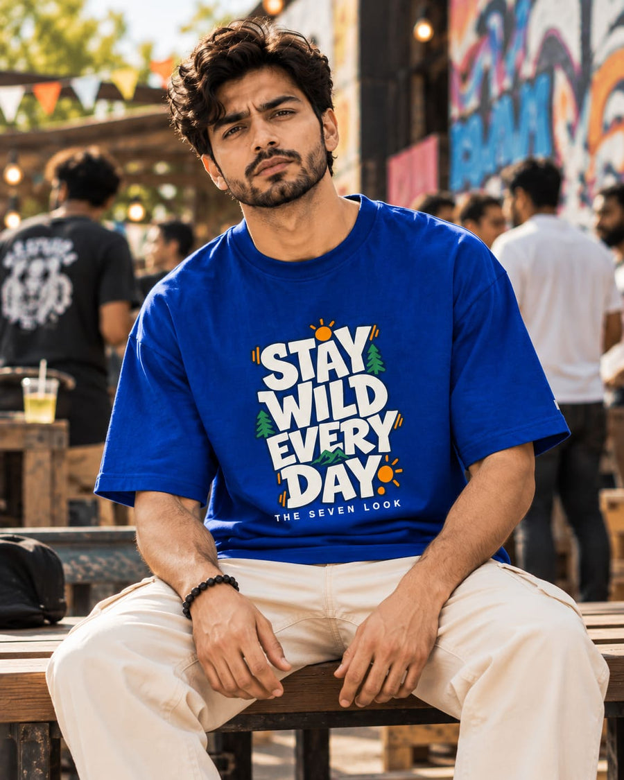 Men's Blue Oversized Stay Wild Every Day Graphic T-Shirt