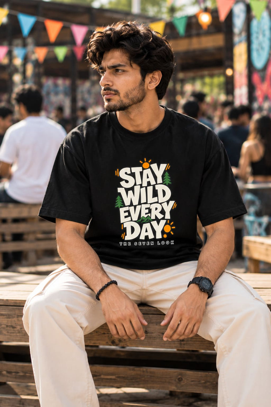 Men's Black Oversized Stay Wild Every Day Graphic T-Shirt