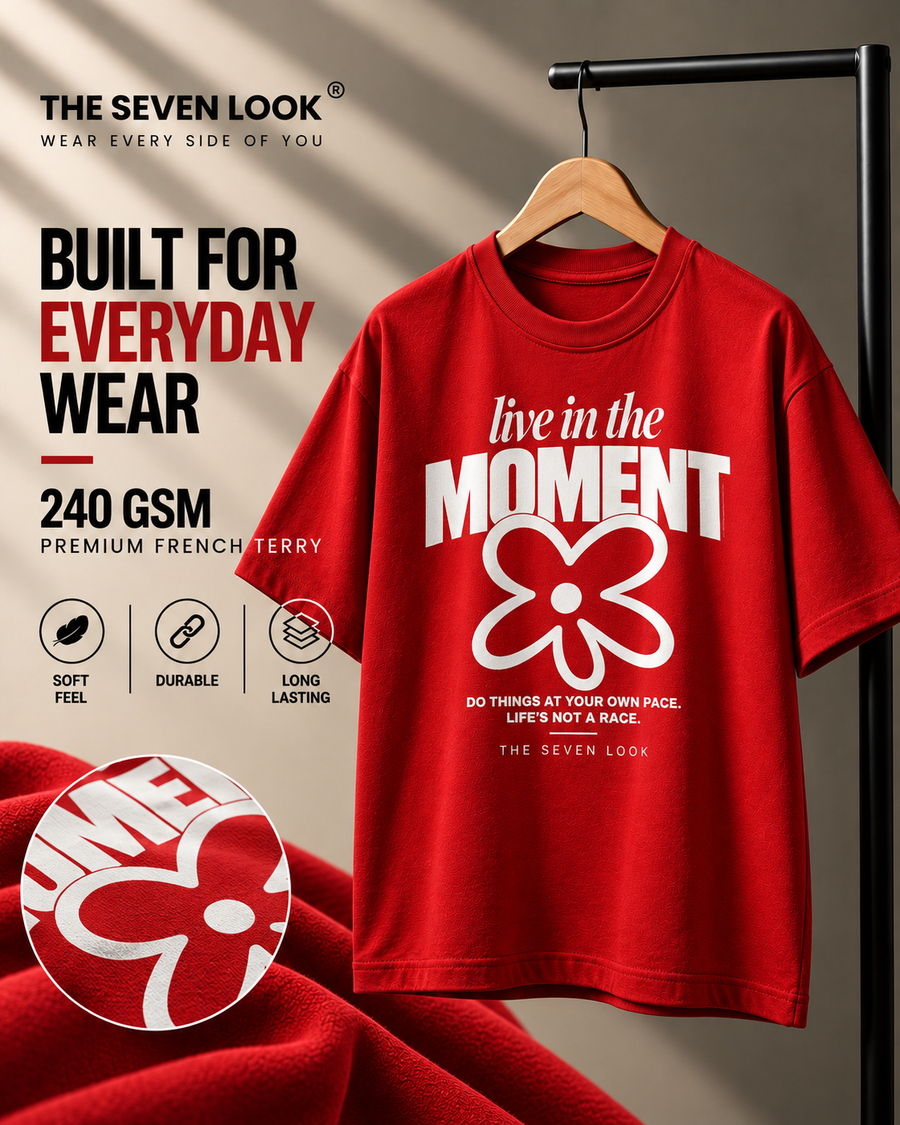 Men's Red Oversized Live in the Moment Graphic T-Shirt